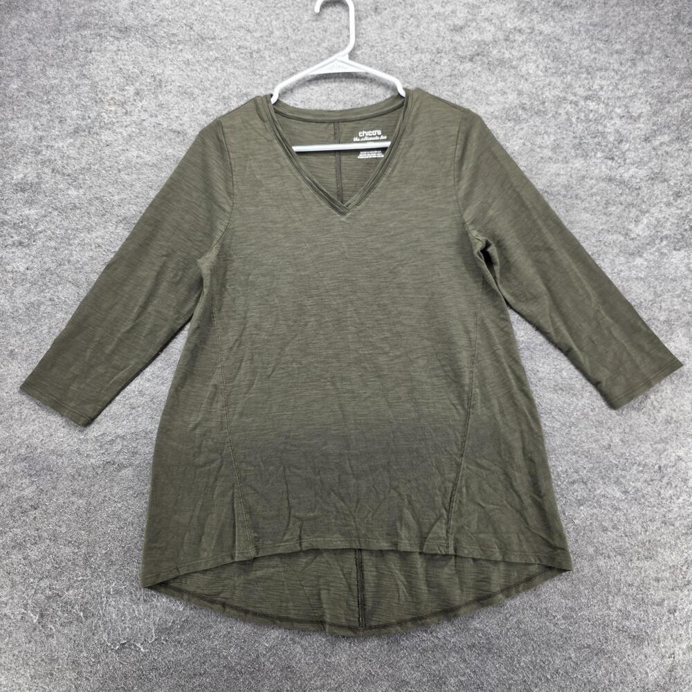 Chico's Tunic T-Shirt Womens 0 Green V-Neck 3/4 Sleeve Cotton Modal Lightweight